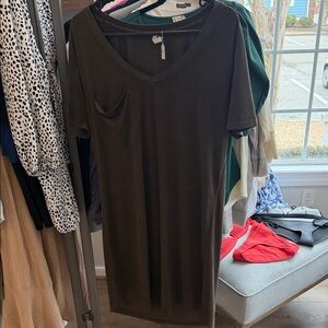 Large Dark olive light thin suede V-Neck Dress